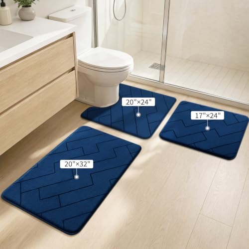 YIHOUSE 3 Piece Bathroom Rug Set - Soft Memory Foam Bath Mat, Dark Blue - Image 2