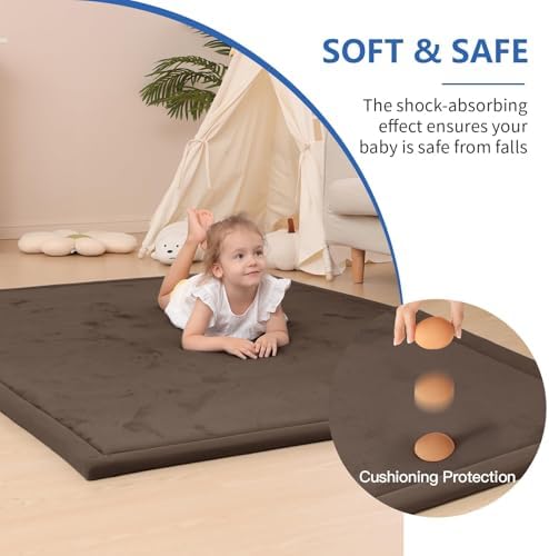 Baby Play Mat for Floor,1.3" Thick Elasti-Foam 74×50 Playpen Mat for Toddlers Infant kids,Water-Repellent Soft Coral Velvet for Tummy Time, Non-Slip Backing for Crawling,Tatami Style(Dark Brown) - Image 3