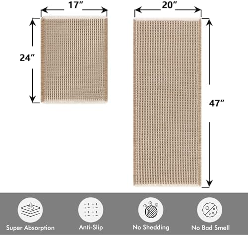 MIULEE Set of 2 Waffle Bathroom Rugs Brown&White Bath Mat 17"x24"+20"x47" - Image 2