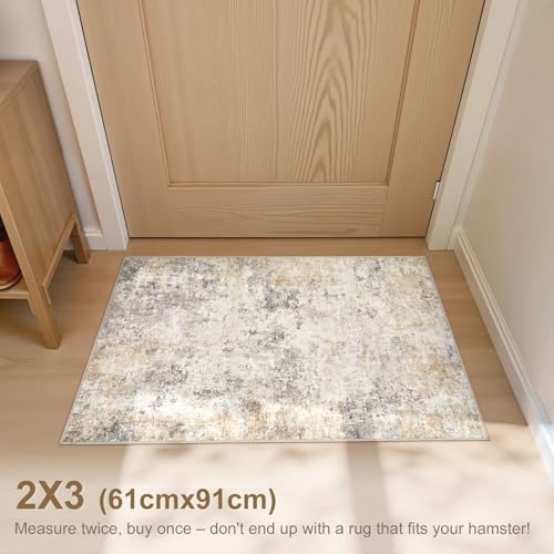 UERMEI 2x3 Entryway Area Rug: Washable Neutral Modern Abstract Small Rug - Non-Slip Low Pile Throw Indoor Carpet for Entrance Kitchen Front Door Mat Bathroom Entry Kids Room - Golden Grey - Image 3