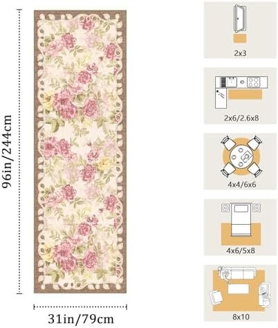 Washable 2.6x8 Runner Rug, Cream Boho Floral Non-Slip for Hallway, Kitchen - Image 2