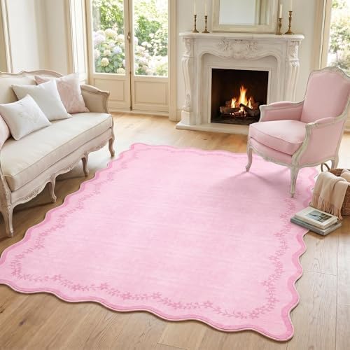 GarveeHome 5x7 Scalloped Area Rug Pink Washable Bedroom Living Room Rug by GarveeHome