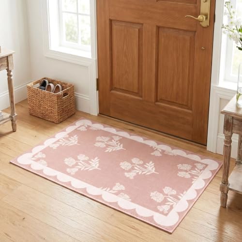 Pink Boho Bathroom Rug - 2x3 Scalloped Floral Girls Bedroom Rugs - Image 6