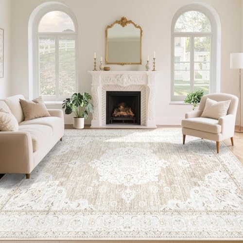 Vintage Living Room Area Rug - 9x12 Large Machine Washable Boho Moroccan Rug Distressed Farmhouse Rugs for Bedroom - Soft Non-Slip Indoor Carpet for Dining Room Office Nursery(Boho Beige, 9'x12') by AOYAOMI