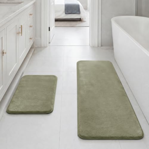 HUXMEYSON Bathroom Rugs Sets 2 Piece, Non-Slip & Quick Dry Bath Mat Set, Ultra Soft Velvet Bath Rugs for Bathroom, Toilet and Shower Floor, Olive Green by HUXMEYSON