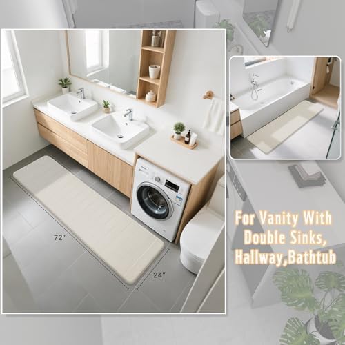 Yimobra Bathroom Runner Rugs 72"x24" Non Slip Washable Memory Foam Bath Mat, Super Soft Water Absorbent Hallway Carpet for Vanity Tub Shower, Cream - Image 2