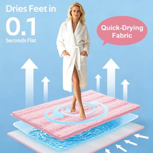 ACCUMTEK Christmas Striped Pink Bathroom Rug Mat Set 2 piece 32"x20"+60"x20" Ultra Soft, Non Slip Chenille Bath Rugs, Absorbent Plush Shaggy Bath Mats for Bathroom, Bedroom, Kitchen, Shower, Tub - Image 3