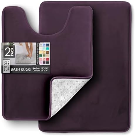 Clara Clark 2 Piece Bathroom Rugs, Velvet Memory Foam Bath Mat Set, Non-Slip Bath Rugs, Machine Wash, Dries Quickly, Ultra Soft Plush Bath Mats for Bathroom, 20 x 32 + Contour, Dark Purple - Image 3