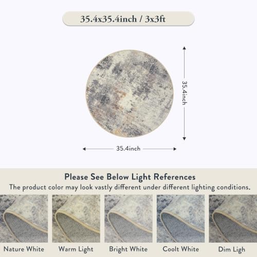 Lahome Modern Abstract Round Rug - 4Ft Grey Small Bathroom Rug Indoor 4x4 Circle Rugs Washable Kitchen Mat, Non Slip Contemporary Bedroom Carpet for Living Dining Room Office Nursery - Image 2
