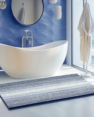 BSICPRO Large Chenille Bathroom Rugs Runner, 22x60 Striped Bath Mats, Navy by BSICPRO