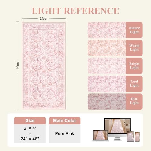 DUKINO 2x4 Rug, Washable Vintage Floral Entryway Rug Non Slip, Light Pink - Image 2