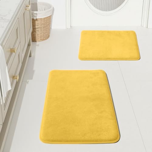 HUXMEYSON Bathroom Rugs Sets 2 Piece, Non-Slip & Quick Dry Bath Mat Set, Ultra Soft Velvet Bath Rugs for Bathroom, Toilet and Shower Floor, Yellow by HUXMEYSON