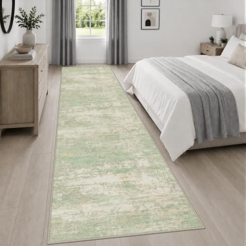 3x14 Washable Runner Rug：Modern Abstract Soft Carpet Green Cream - Image 4