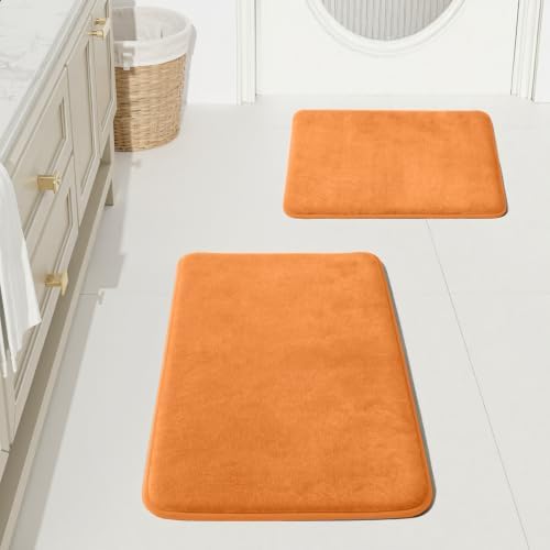 HUXMEYSON Bathroom Rugs Sets 2 Piece, Non-Slip & Quick Dry Bath Mat Set, Ultra Soft Velvet Bath Rugs for Bathroom, Toilet and Shower Floor, Orange by HUXMEYSON