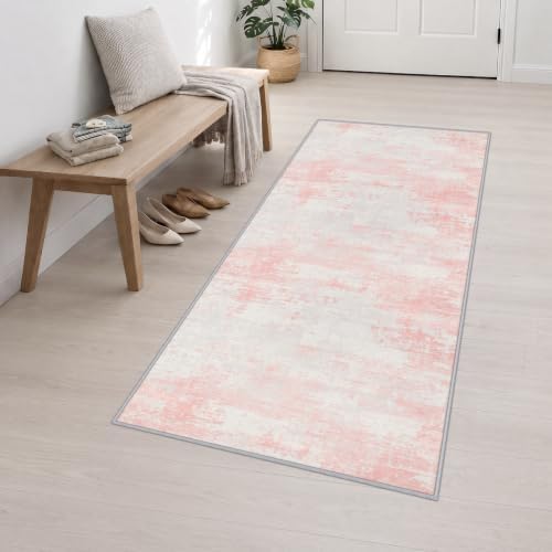 3x8 Washable Runner Rug：Modern Abstract Soft Carpet Pink White - Image 3