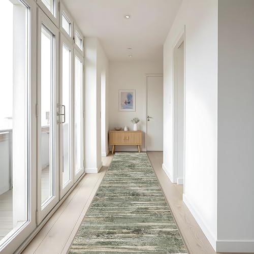 Washable 3x20 Hallway Runner Rug - Extra Long Modern Abstract Kitchen Rugs with Non Slip Backing Soft Low Pile Living Room Bedroom Carpet Durable Indoor Home Decor Floor Mat for Bathroom 3x20 Green - Image 3