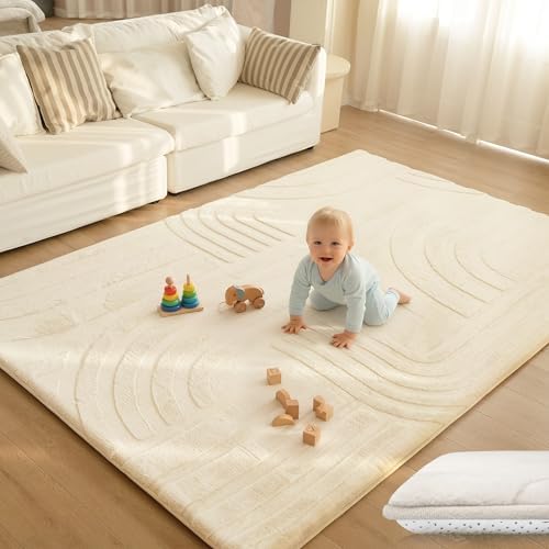 Huloo Sleep 1.3" Extra Thick Fluffy Baby Play Mat for Floor,6'×9'Large Padded Kids Rug with Ultra Soft 3D Carved Faux Rabbit Fur,Non-Slip Carpet Nursery Rug Area Rug for Playroom Living Room(Cream) by HulooSleep