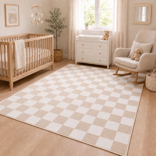 5x7 Checkered Area Rug for Living Room, Soft Low Pile Warm Taupe rugs - Image 3
