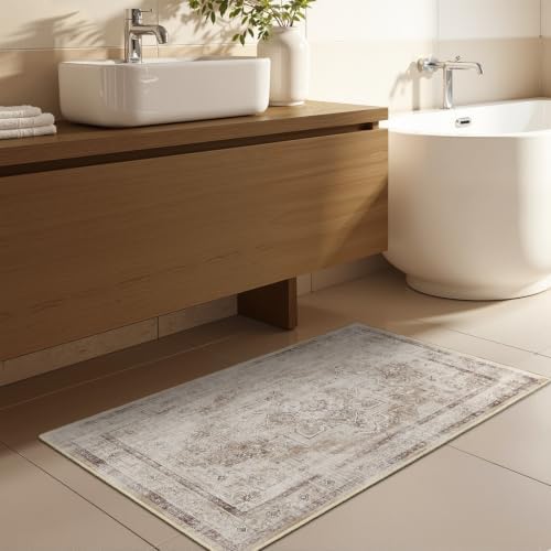 Oatmeal Medallion 2x3 Entryway Rug, Low Pile Ultra Thin Washable Kitchen Rugs Non Slip, Neutral Distressed Transitional Small Rug for Bathroom, Farmhouse Inside Door Mats for Entrance Foyer - Image 4