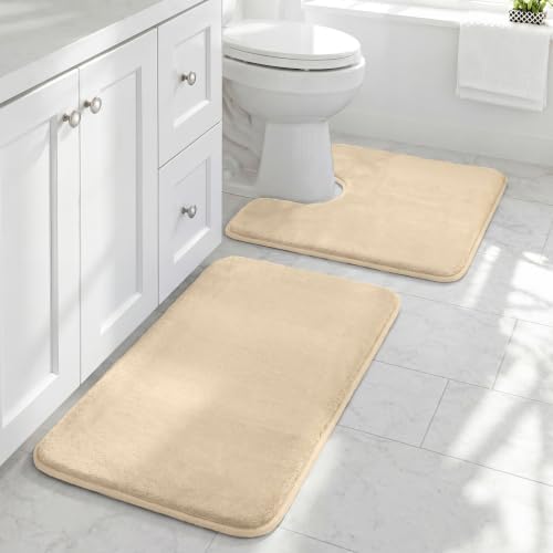 HUXMEYSON Bathroom Rugs Sets 2 Piece, Non-Slip & Quick Dry Bath Mat Set, Ultra Soft Velvet Bath Rugs for Bathroom, Toilet and Shower Floor, Light Coffee by HUXMEYSON