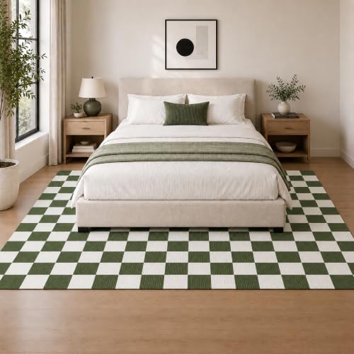 5x7 Checkered Area Rug for Living Room, Soft Low Pile Dark Green rugs - Image 2