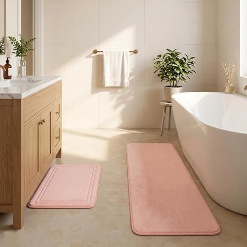 Pink Bathroom Rugs Memory Foam Bath Mat Runner Rug Set of 2 by PAGGEDHOME