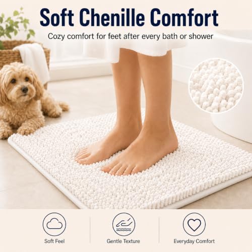 White Bathroom Rugs and Mats Set, 2 Piece Chenille Bath Mat Set, Machine Wash Dry, Non Slip Absorbent Shaggy Bath Rug for Bath Room, Shower and Tub (20" x 32"+16" x 24") Bathroom Rug St Accessories - Image 3