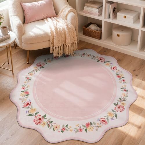 Lahome Round Pink Floral Rug 4ft, Scalloped Reading Nook Rug by Lahome