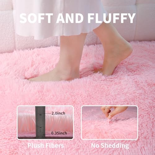 Pink Fluffy Shag Rug, 2'x3', Machine Washable Non Slip Kids Throw Carpet - Image 3