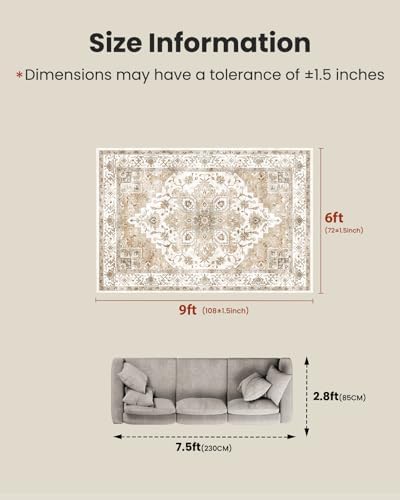 Amada 6x9 Washable Area Rug for Dining Room, Beige, Vintage Pattern - Image 2