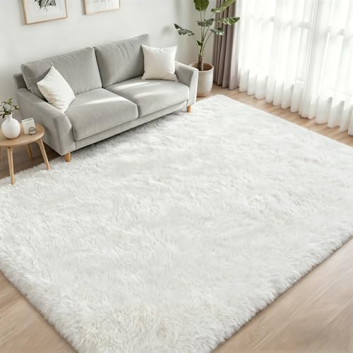 Area Rug Living Room Bedroom: 5x7 Fluffy Plush Shag Carpet Ivory - Image 2