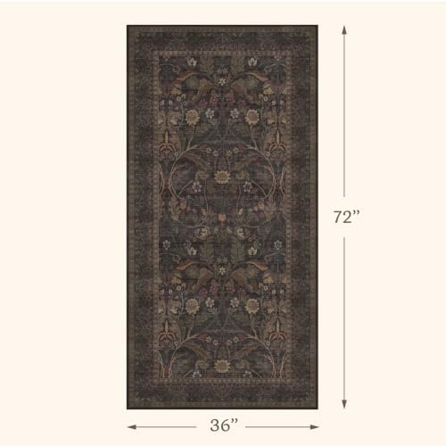 Washable 3x6 Wide Kitchen Entryway Runner Rug Non Slip - Dark Brown Vintage Floral Hallway Rugs, Farmhouse Low Pile Runner for Bedroom, Laundry Room, Bathroom, Kitchen Soft Stain Resistant Carpet - Image 2