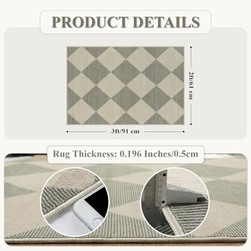 Beeiva Checkered Washable Entryway Rug 2x3, Non Slip Ultra Thin Green Front Door Mat Indoor Entrance Low Pile Small Kitchen Rug, Moroccan Contemporary Decor Neutral Accent Carpet for Bedroom Bathroom - Image 2
