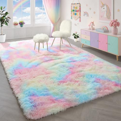 Area Rug for Girls Bedroom Preppy Dorm, Vibrant Rainbow Bedside Rug 3x5 Ft by PAGISOFE