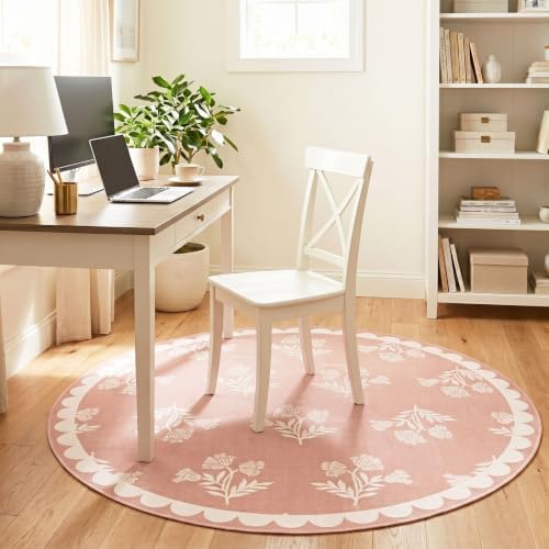 Pink Round Rug 4ft - Soft Washable Boho Floral Round Bedroom Rug - Image 6
