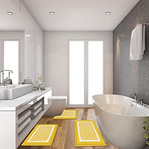 Pauwer 3 Piece Bathroom Rug Set, Non Slip Washable Bath Mat, Yellow - Image 2