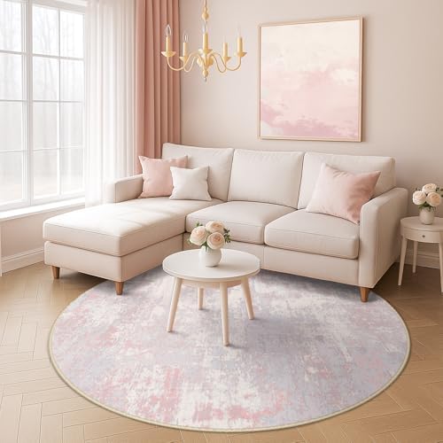 RELEANY Washable Round 4ft Area Rug for Living Room Gray Pink - Image 5