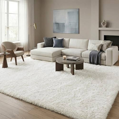 8x10 Ft Cream White Fluffy Area Rug for Living Room, Washable by OHWPEAT