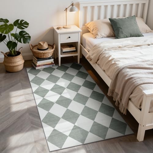 Beeiva Checkered Print 3x5 Washable Rug for Entryway, Non Slip Soft Small Bedroom Rug 3x5 Ultra Thin Moroccan Bathrooom Decor, Gingham Plaid Carpet for Laundry Entry Kitchen Nursery (Green/White) - Image 5