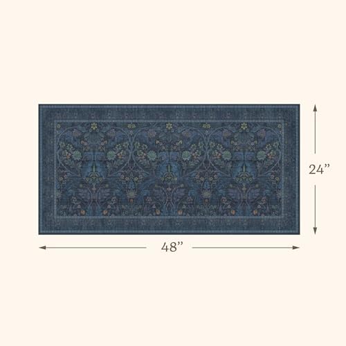 Washable 2x4 Entryway Rugs, Oriental Floral Small Blue Kitchen Rugs, Thin Bathroom Rugs Fit Under Door, Low Pile & Soft Carpet for Mudroom, Bedside - Image 2