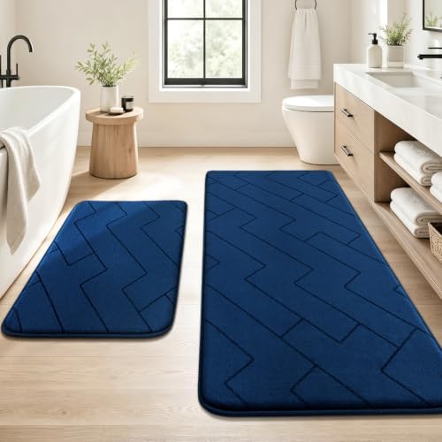 YIHOUSE 2 Piece Memory Foam Bathroom Rug Set, Dark Blue, 17"x24"+20"x46" by YIHOUSE