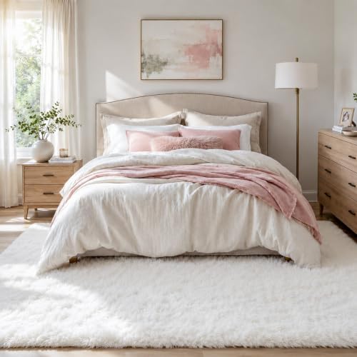 Cream White Fluffy Area Rug 5x8 Ft, Washable for Living Room - Image 2