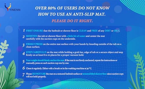 YINENN Bath and Shower Safety Mats 40x16 inch, Non Slip with Suction Cups for Bathroom Stall and Tub Floor, Extra Large and Machine Washable, Drain Holes Keep Bathtub Clean, Blue - Image 2