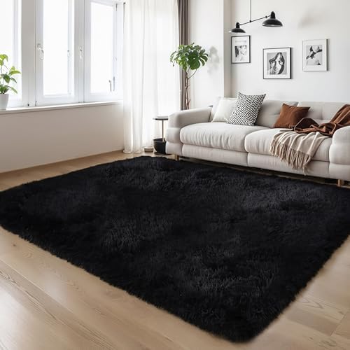 5x8 Thick Black Fluffy Shag Rug for Bedroom, Plush Washable Carpet by KICHOWUA