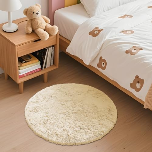 OLANLY Cream Round Rugs for Bedroom - Machine Washable, 2 ft Circle Area Rugs for Living Room, Soft and Fluffy Shaggy Carpet for Teen Girl and Boys, Nursery Rooms, Dorms, Home Decor Aesthetic - Image 3