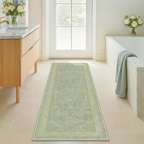 Floral 2x6 Washable Long Hallway Runner Rugs Non Slip, Sage Green Soft Runner for Bedroom Beside Bed, Entryway, Kitchen, Bathroom, Thin Laundry Mat for Floor, Cottage Core Indoor Carpet Decor by Evyhood