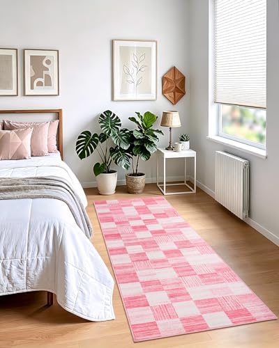 Terrug Pink and White Checkered Area Rug for Kitchen, 2x6 Runner Rugs - Image 3