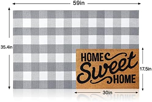 MUBIN Cotton Buffalo Plaid Rug, 3' x 5' Gray White Outdoor Rug Front Door Decorative Mat, Washable Doormat Hand-Woven Foldable Area Rug Layered Door Mats Rug for Front Porch, Entryway, Patio - Image 3