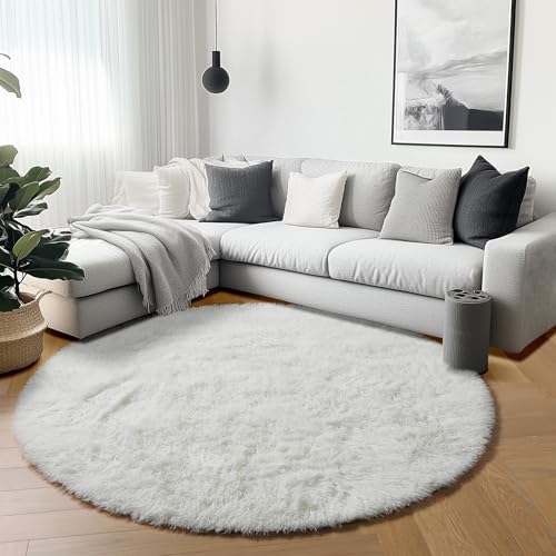 ONASAR Cream White Round Rugs 5ft for Bedroom Living Room, Ivory Fluffy Circle Area Rug for Kids Girls Boys Teen, Soft Plush Shaggy Carpet for Nursery Dorm Classroom Playroom Home Decor Aesthetic - Image 3