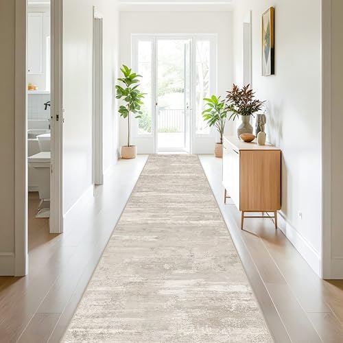 Modern Abstract 3x20 Washable Rugs - Long Hallway Runner Rug 20 ft with Non Slip Rubber Backing Low Pile Carpet for Kitchen Entryway Living Room Indoor Home Decor Floor Mat 3x20 Beige by YOUFORTONG